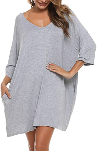 Bresdk Chemise de Nuit Femme Manche 3/4 Coton Modal Vêtements de Nuit Sexy Chic Robe de Nuit Grande Taille Maternité Cover Up Beach, A-Gris, XXL
