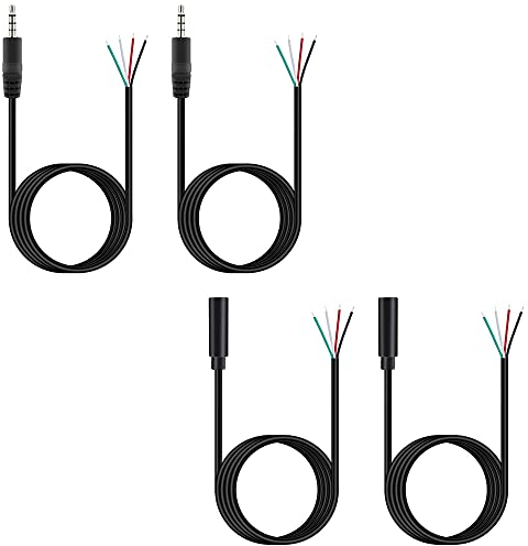 KSOPUERT 4Pcs Replacement 3.5mm TRRS Stereo Male&Female Plug to Bare Wire Open End Audio Cable 3.3Ft(1m) for Headphone Headset Earphone Microphone Cable Repair.Both 2pcs Male and 2pcs Female included