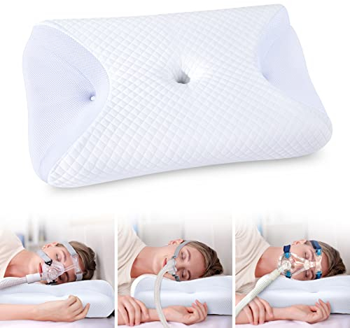 HOMCA CPAP Kissen Ergonomisches Memory Foam CPAP Kissen für Alle CPAP-Masken, Nackenstützkissen für Seitenschläfer mit CPAP-Maskenrillen und Stützbereich, Weiß, 65x40x9/11cm