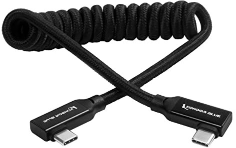 KONDOR BLUE 12-24 Coiled USB C 3.1 GEN 2 10 Gb/s 100W | Right Angle Braided Cable for 8K Data and Power Delivery