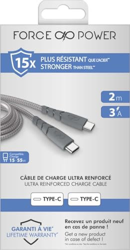 Câble Ultra-renforcé USB C/USB C 2m 3A Garanti à vie Gris - 100% Plastique recyclé Force Power