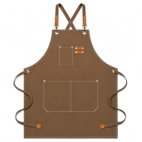 BOOWEN Delantal de Cocina Ajustable Mandiles Lona de Algodón con 3 Bolsillos Grandes Mandil Hombre Resistente al Agua y Antimanchas Delantales para Jardín, Taller, Trabajo