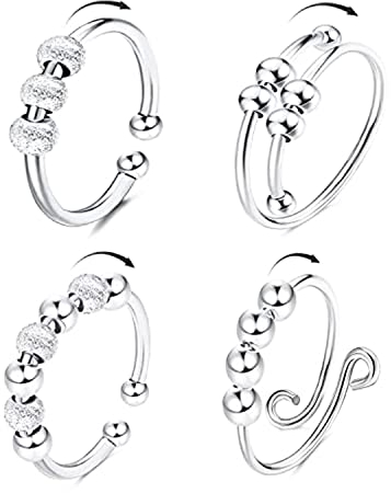 Steemjoey 4Pcs Silber Fidget Angst Ringe Set, Zappelringe Verstellbare Fingerringe, Bead Ring Offene Anxiety Ring mit Perlen, Band Ring für Damen Herren Anti Stress Ängstlichkeit Entlastung