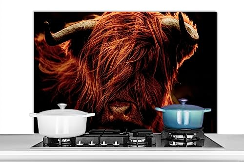 KitchenYeah© Spritzschutz Küchenrückwand Platte Küche Deko Aluminium Platte Spritzschutz Küchenwand WandverkleidungSchottisches Hochlandrind - Kuh - Hörner - Porträt - Tiere - Fell - 100x65 cm