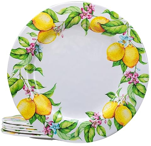 LEHAHA Melamine Dinner Plate Set of 6, 11” inch Lemon Plates Set, BPA Free, Lightweight and Break Resistant, Great for Parties, RVs, Picnic and Camping Trailer, Dishwasher Safe