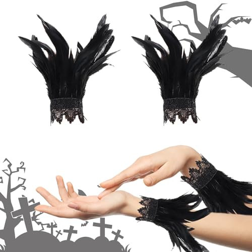 ARONRAVE Feder Handschuhe Schwarz Schwarze Federn Handschuhe Federn Schwarz Feder Manschetten Feder Handschuhe für Halloween Cosplay Party
