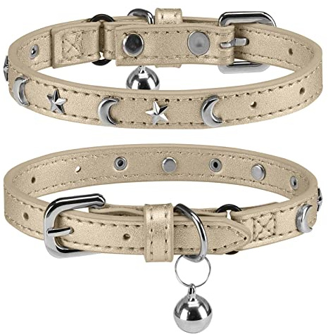 DILLYBUD Leather Cat Collars for Boy Girl Cats with Bell and Safety Elastic Belt, Personalized Star and Moon Stud Adjustable Safe Buckle Collar for Kitty Small Big Cats Size 7-9 Inch, Gold