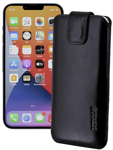 Suncase ECHT Ledertasche Leder Etui *Slim-Edition* kompatibel mit iPhone 15 Pro Max (6,7 Zoll) Hülle (mit Rückzugsfunktion und Magnetverschluss) in schwarz