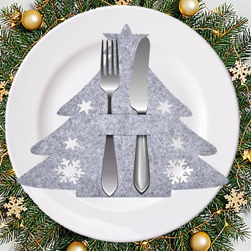 Trrrioosy Besteckhalter Weihnachten Filz 12 Stück Weihnachten Tischdeko Weihnachts Messer Gabeln Löffel Geschirr Besteck Taschen (Weihnachtsbaum Grau)