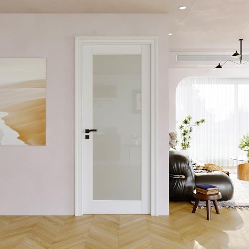 32 x 80 Slab Door, Frosted Glass Interior French Door Slab, Soild Core & Pre-Finished Single Panel for Pantry Bedroom Closet as Pocket, Bifold, Barn Doors, No Assembly Required-Shaker w/o Hardware