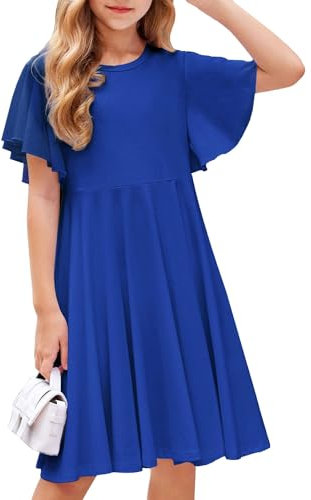 Arshiner Children's Dresses Summer Girls Short Sleeve Dress Casual Cotton A-Line Swing Knee-Length Dress Back to School Party Dresses Blue Spring Clothing with Pocket 120 Age 6-7
