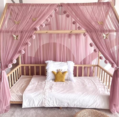 Baby Fancyroom Ciel de lit de Maison, décoration pour Chambre d'enfant, lit d'enfant, baldaquin, Guirlande de Pompons en Tulle de qualité supérieure (Vieux Rose, 380cm, sans Papillons)