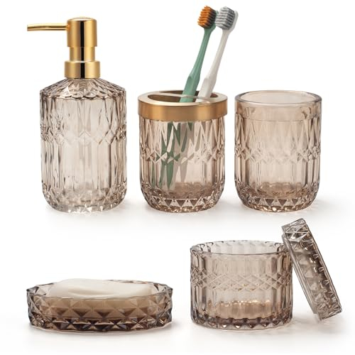 Juego de 5 Accesorios de Baño de Cristal Marrón Dispensador de Loción, Jabonera, Soporte para Cepillo de Dientes, Vaso, Tarros de Hisopo de Algodón, Decoración Moderna de Baño, Regalo Vintage