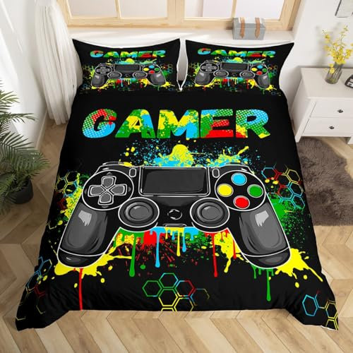 Homemissing Gamer Housse de Couette Garçon Ado Game Controller Housse de Couette Gaming Tie Dye Parure de Lit d'encre colorées Decor Enfants Gamepad Housse de Couette 220x240cm, Noir Literie Set