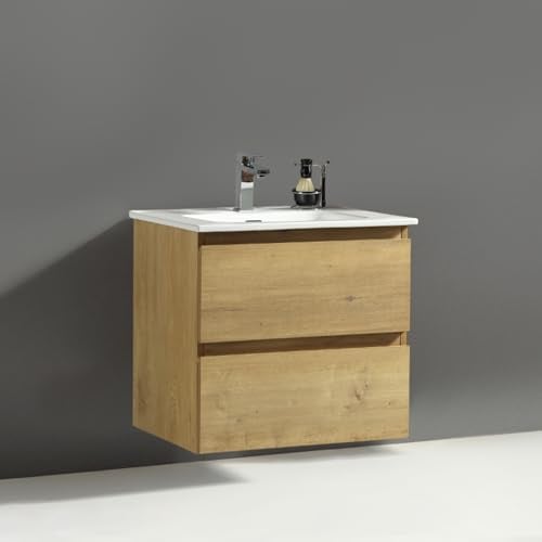Alpenberger Waschtisch mit Unterschrank 60 cm Breit | Badezimmermöbel Set | Möbel + Waschbecken Gäste WC | Waschbeckenunterschrank Hängend | Badmöbel (Eiche Natur)