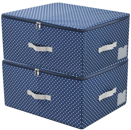 Amonsen Paquete de 2 cajas de almacenamiento rígidas plegables con cremallera de 3 lados, cajas de plástico resistentes, divisor extraíble, 60 l, para ropa pesada, ropa de cama, almohadas, color azul