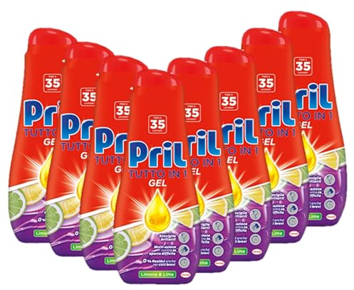 Pril Gel All in One Sciogli Grasso Detersivo Lavastoviglie Liquido Multi-Azione Sporco Difficile, 8 Confezioni da 35 lavaggi