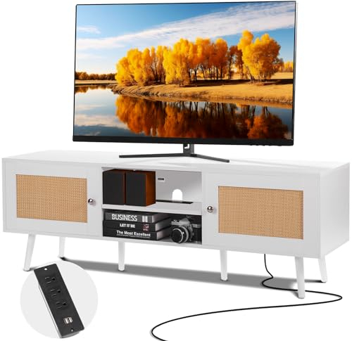 VEVOR Mobile TV in Rattan Moderno Mid Century per TV da 1651 mm, Boho Con Presa Integrata e Porte USB, Ripiani Regolabili per Soggiorno, Sala Multimediale Bianco