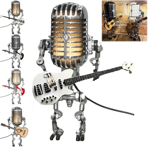 Ashopfun Vueeze Mic Rockbot,Sherum Mic Rockbot,Dotmalls Mic Rockbot,Retro Style Microphone Robot Table Lamp,Holding Guitare Vintage Night Light,MMicrophone Guitar Robot Lamp with Mini Guitar (White)