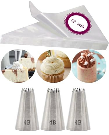 4B Ensemble de douilles et poche à douille 4B Open Star Tip avec poche à douille jetable de 30,5 cm pour décoration de cupcakes, gâteaux, cookies et pâtisseries