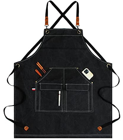 BCJMKDX Schürzen for Männer, Arbeitsschürze, Segeltuchschürze, Werkstatt-Werkzeugschürze mit verstellbaren Trägern for Friseur, Küche, Gärtner, Café(Black)