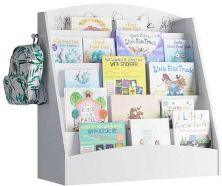 KEEPREAPER Kinder Bücherregal mit 5 offenen Fächern und Haken, Kinderregal Holz, Montessori Aufbewahrungsregal für Kinderzimmer, 80x30x75cm (Weiß)