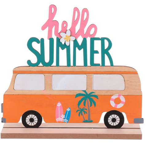 Warmhm Hello Summer Bus Tischschild Hawaiianische Holzornamente Dekorationen Tropische Tischdekoration Tropische Ornamente Pflanzen Kuchendekorationen Tafelaufsatz FüR Sommer Stranddekoration