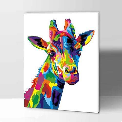 Modojuny peinture par numéros pour adultes et enfants - Paint by Numbers Kit avec peintures acryliques et pinceaux – Cadeau et décoration murale - 30 x 40 cm - Girafe (avec Cadre) - 9 ans et plus