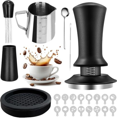 Set di 22 tamper per espresso, set di tamper caffè, accessori barista, distributore di caffè con tamper espresso da 51 mm, mescolatore per caffè, brocca per schiuma, cucchiaio da mescolare, penna e