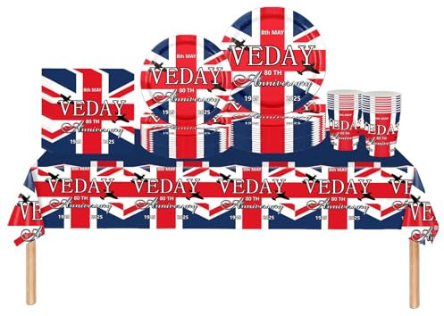 69Pcs VE Day 80th Anniversary Party Tableware,Celebration VE-Day 80th Paper Plates Cups and Napkins Memorabilia Party Tablecloth Victory in Europe,VE 80 Years Dinnerware Kit for Celebrat PartyDécor