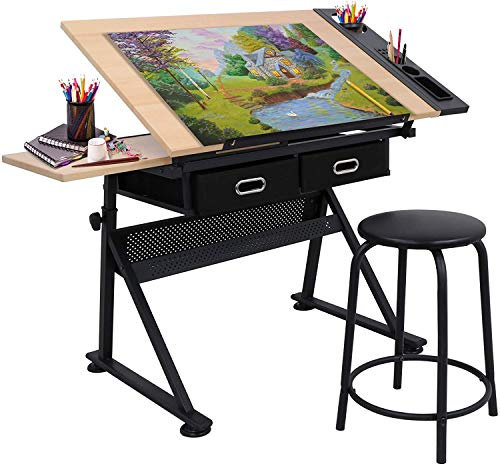 Einstellbare Höhenabschaltschreibtisch Zeichnungstisch Neigungsbare Tischplatte zum Lesen, Schreiben von Kunsthandwerk mit 2 Lagerschubladen und Hocker Schöne Landschaft