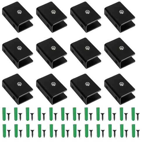 12 Pièces Pince de Support de Verre, Support Étagère Verre en Acier Inoxydable 201 Noir Fixation Réglable avec Vis et Tube d'Expansion (Noir, Rectangulaire, pour Verre de 9 à 14 mm d'épaisseur)