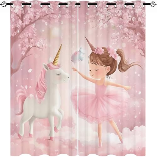 Generisch Vorhänge Blickdicht mit Ösen Cartoon-MäDchen-Einhorn Verdunklungsvorhänge Kinderzimmer Vorhang H245 x B140 cm (2er Pack) Rosa Gardinen für Schlafzimmer Schlafzimmer Fensterdekoration