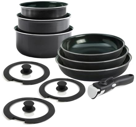 QDESIGN DIAMOND Batterie de cuisine 10 pcs - casseroles+poêles+couvercles+poignée amovible| Alu antiadhésif renforcé diamants- tous feux, induction - Compatible lave-vaiselle- Noir diamant, Empilables