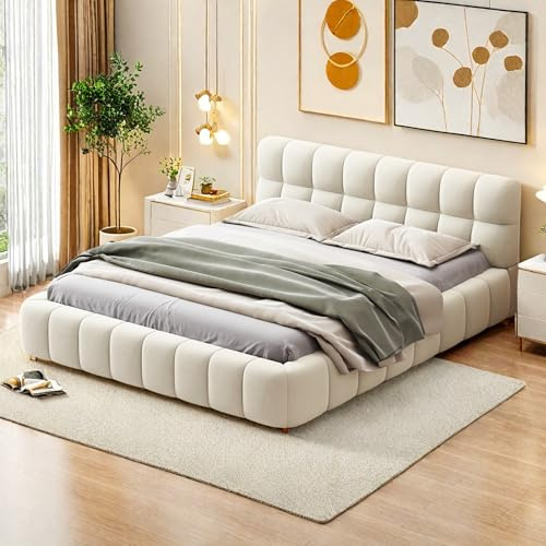 SHAODENG Polsterbett Flachbett Bettgestell, Bubble Bett mit Lattenrost und Weicher Kopfteil, Grau Leinen Jugendbett, ohne Matratze (Beige, 140x190cm)