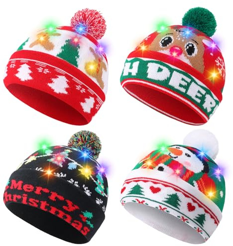 taonganui 4 Stück LED Leuchten Gestrickte Weihnachtsmütze für Erwachsene und Kinder,Lustige Weihnachtsaccessoires Nikolausmütze,Flash Warme Wintermütze für Weihnachten,Silvester,Festliche
