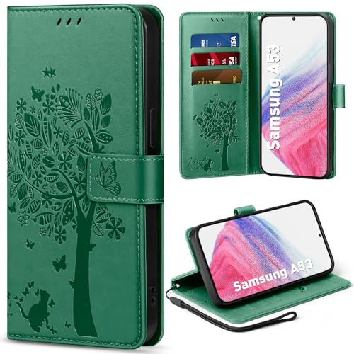 EASDNB Handyhülle für Samsung Galaxy A53 5G Hülle, Flip Lederhülle Wallet Case mit [3 Kartenfächer] [Magnet] [Ständer] Premium Leder Prägung Schutzhülle Klapphülle für Samsung Galaxy A53, Grün