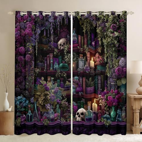 Gothic Skull Fenstervorhang 137x117(HxB) Vintage Witchy Vorhänge für Jungen Mädchen Schreckliche Magie Bücherregal teenager Gardinen Schwarzer Retro Zauberer Mysteriös Cool Blickdichte Vorhänge