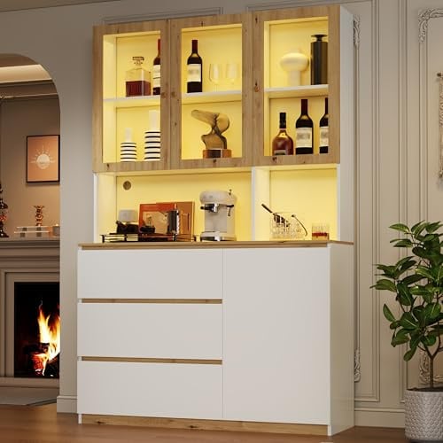 Merax Vitrine Hochschrank mit LED 120×24,5×200 cm, Glasvitrine mit 3 Schubladen und Tür, offenes Fach mit Kabelmanagement, Standmöbel für Wohnzimmer Esszimmer Küche, Weiß+Holzfarbe