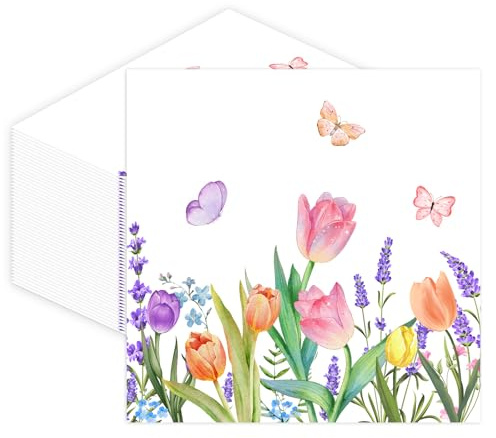 Tulpen Papiertücher 40 Stück, Blumenmotiv Servietten für Teller und Besteck Set, Einweg Geschirr, Papierservietten Großpackung für Geburtstagsfeier, Hochzeit & Picknick