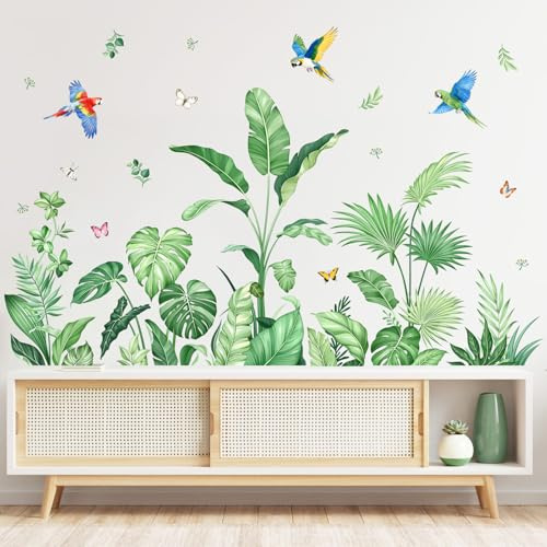 Tropical Jungle Leaves Wall Stickers Palm Leaf Plants Birds Wall Decals | Green Wall Art Decor for Living Room Bedroom Office Decor
