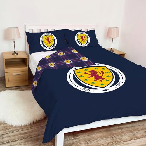 Official Scotland National Team Reversible Duvet Set - Double Bed Size (200x200cm) - Navy Football Crest & Tartan Design Bedding with 2 Pillowcases - Perfect for Fans