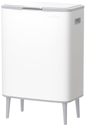 mVm 65L Kitchen Bin, Stainless Steel Waste Bin with Manual Press Lid, 2-in-1 Waste Sorting Bin with, Removable inner buckets, Easy to clean & Anti-Fingerprint, for Home & Offic, White