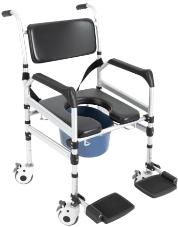 LENJKYYO Toilettenstuhl mit Rollen, Duschstuhl Klappbar, 160kg | Erleichtert Duschen, Toilettengänge und Transfers. Höhenverstellbar, faltbar und sicher für mehr Komfort im Alltag.