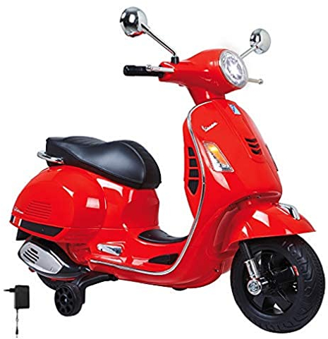 JAMARA 460348 - Ride-on Vespa rot 12V - Leistungsstarker Antriebsmotor und Akku für Lange Fahrzeit, SD-Karten Slot, AUX- und USB-Anschluss, Ultra-Grip Gummiring am Rad, Stützräder, LED-Scheinwerfer