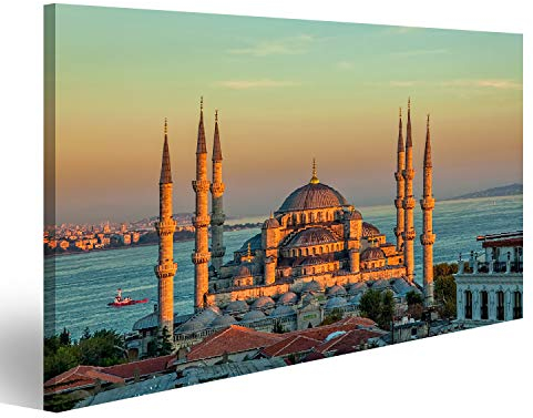 Bild Bilder auf Leinwand Blaue Moschee im glorreichen Sonnenuntergang Istanbul Sultanahmet-Park Die größte Moschee in Istanbul des Sultans Ahmed (Osmanisches Reich) Wandbild Poster Leinwandbild SQE