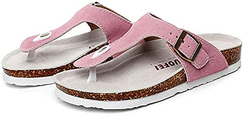 Asifn Femmes Slide Hommes Liège Semelle Sandales Plates Réglables en cuir Boucle Décontractée Peep Toe Chaussures Suede Tongs été(Rose,40/41 EU,41 Taille de la Marque