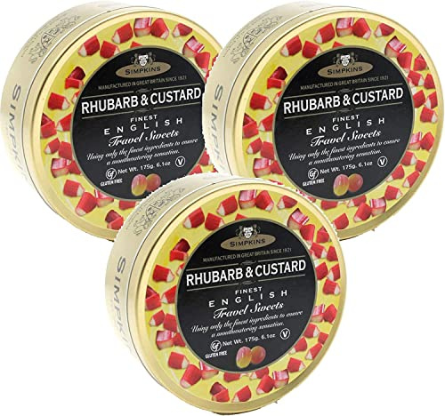 Simpkins Finest English Rhubarb & Custard Travel Sweets 175g Tin (3 Pack)