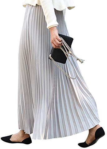 Damen Mädchen Plisseerock in Maxilänge Plissee-Maxirock Elastische Chiffon Langer Faltenrock Elastischer Bund für Frühling Sommer Herbst - 90cm Einfarbig Hellgrau