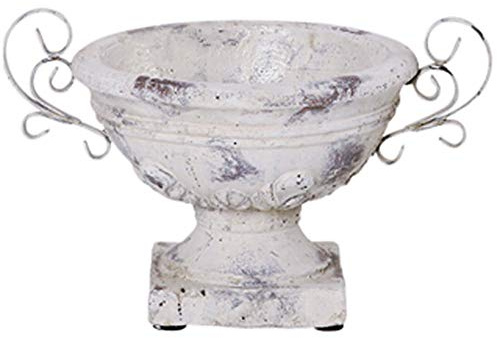 matches21 Sockel Pflanzschale mit Henkel für draußen - 30 cm Shabby Dekoschale in Creme Antik-Optik als Vintage Keramik Blumentopf Pflanztopf - runde Balkon Blumen-Schale Garten Vogeltränke